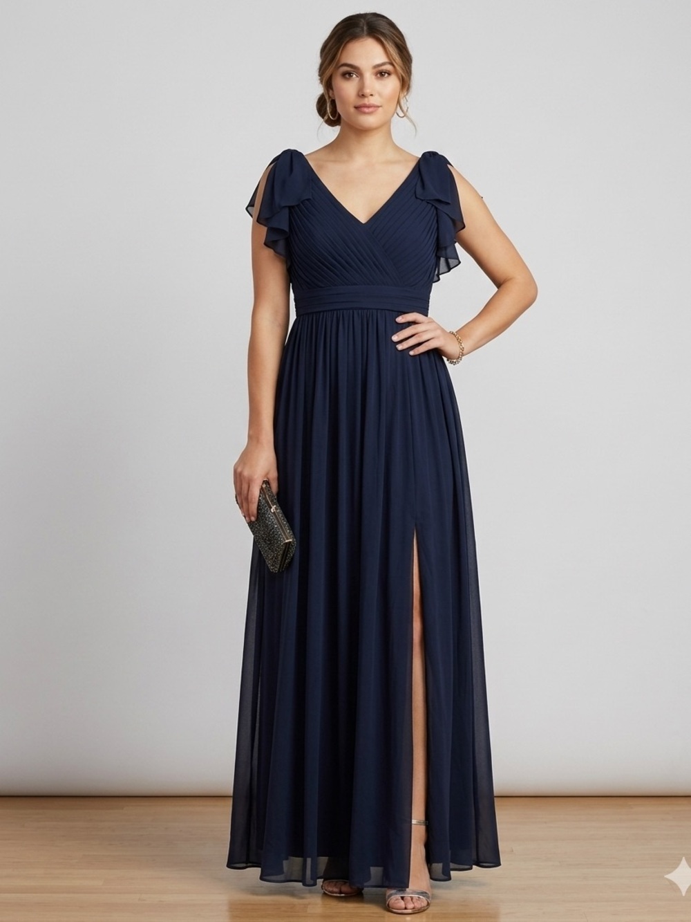 Adrianna Papell Midnight Blue Shirred Tulle Pleated Flutter Sleeve Formal Sz 2